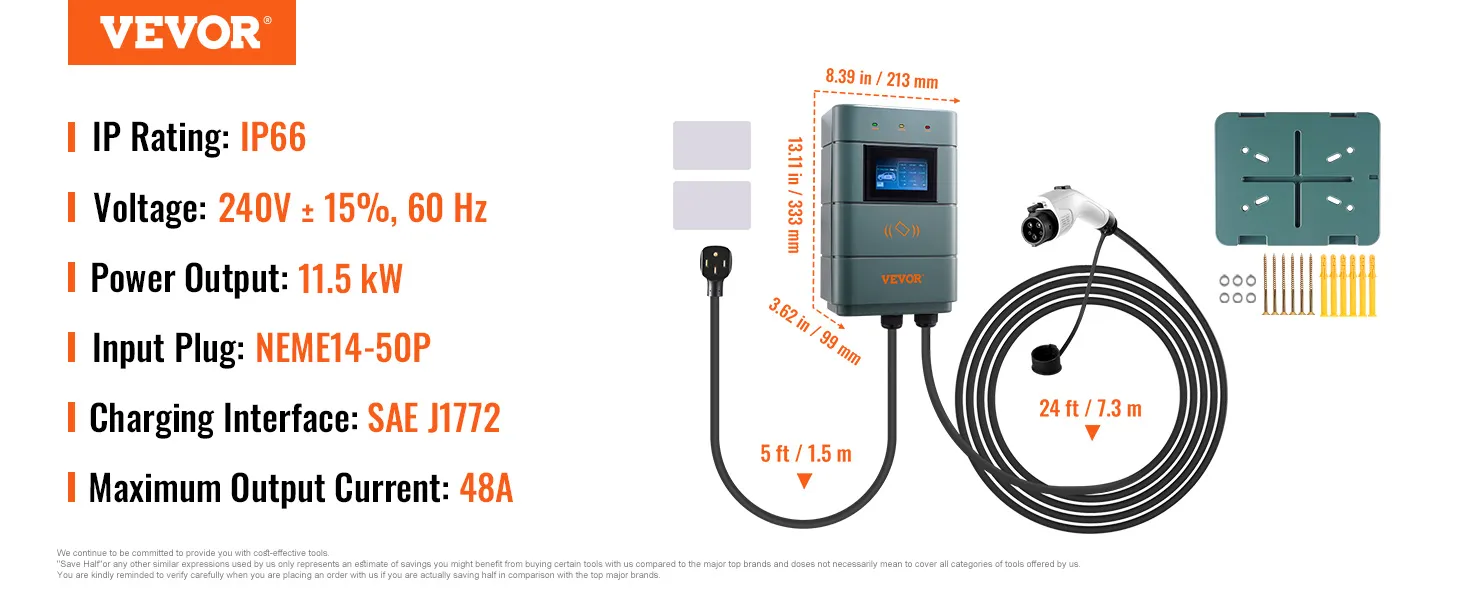 Cargador ev VEVOR, ip66, 240v, 11,5kw, nema14-50p, sae j1772, 48a, cable de 24 pies, accesorios de montaje en pared.