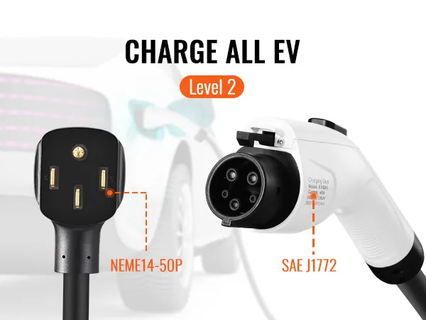 Cargador VEVOR ev l2 con conectores nema 14-50p y sae j1772, carga de un vehículo eléctrico.