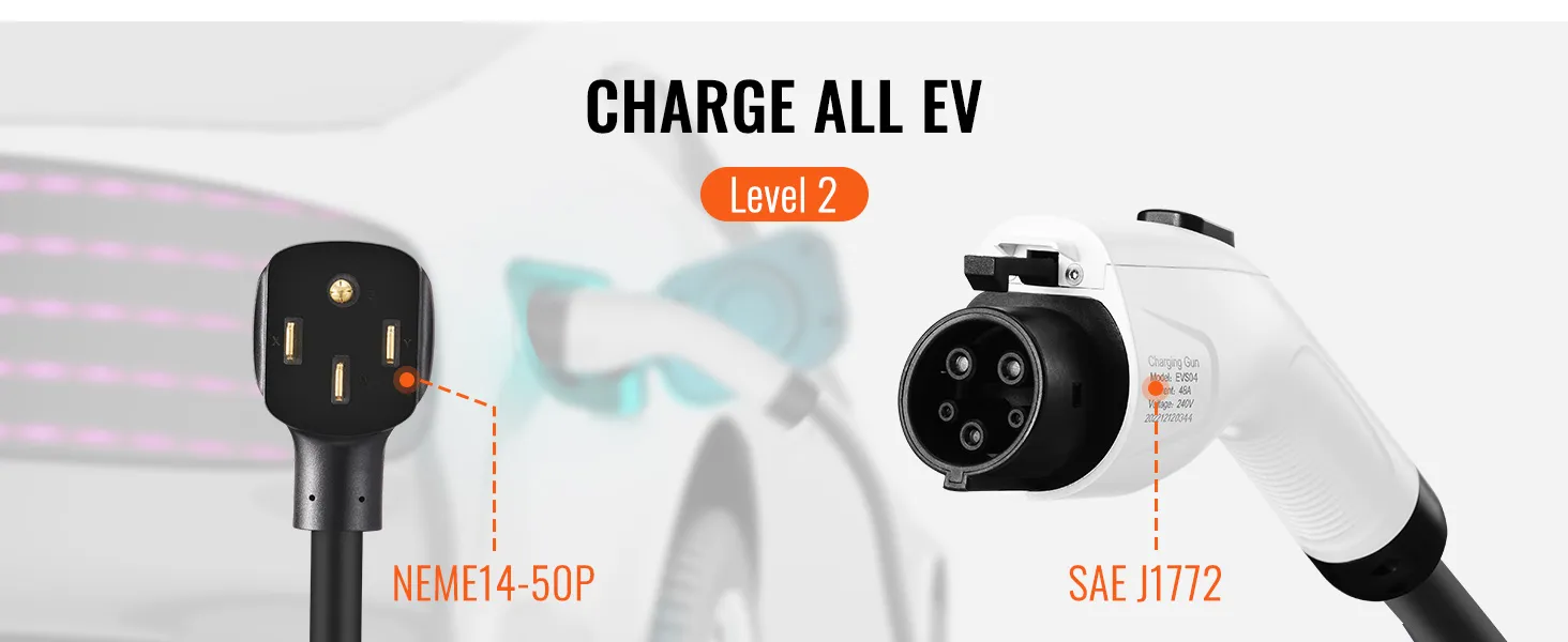 Cargador VEVOR ev l2 con conectores nema 14-50p y sae j1772, carga de un vehículo eléctrico.