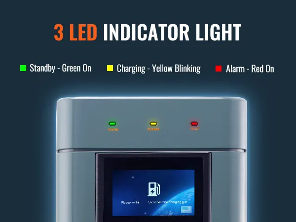 Cargador ev VEVOR con indicadores LED de espera verde, carga amarilla y alarma roja.