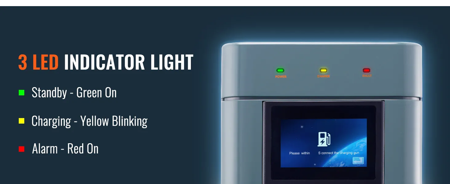 Cargador ev VEVOR con indicadores LED de espera verde, carga amarilla y alarma roja.