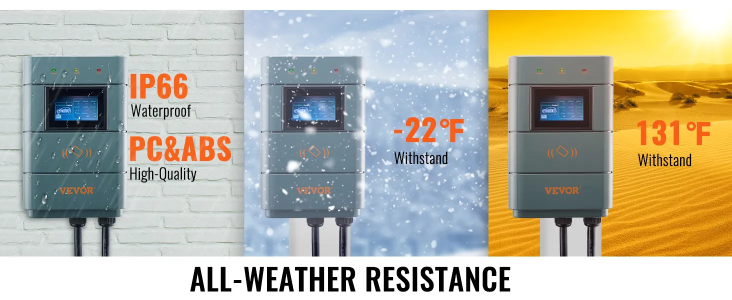 Cargador EV VEVOR con certificación IP66 a prueba de agua, calidad de PC y ABS, soporta temperaturas de -22 ° F a 131 ° F.