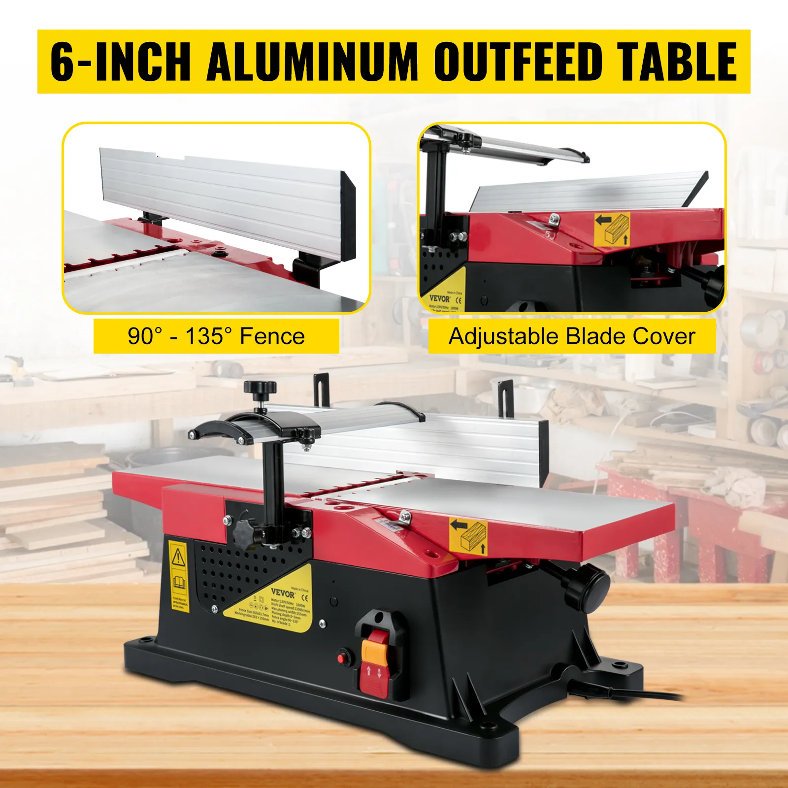 Regruesadora de banco para carpintería VEVOR con mesa de salida de aluminio de 6 pulgadas y cubierta de hoja ajustable.