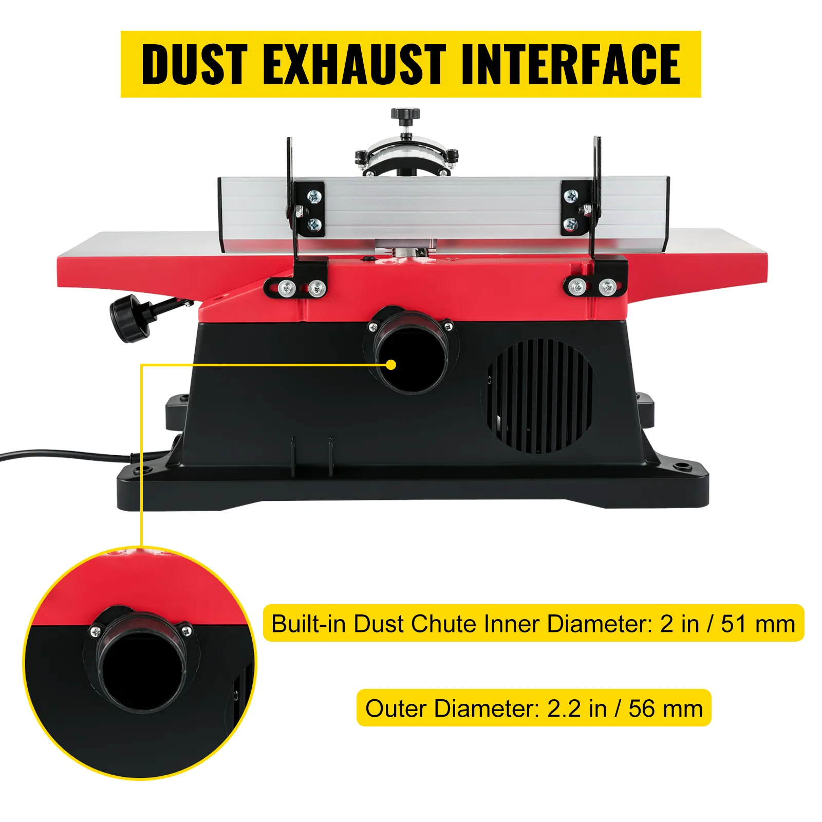 Regruesadora de banco para carpintería VEVOR con interfaz de escape de polvo resaltada.