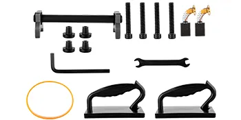 Kit di componenti per giuntatrice da banco VEVOR con maniglie, viti, chiave inglese e cinghia.