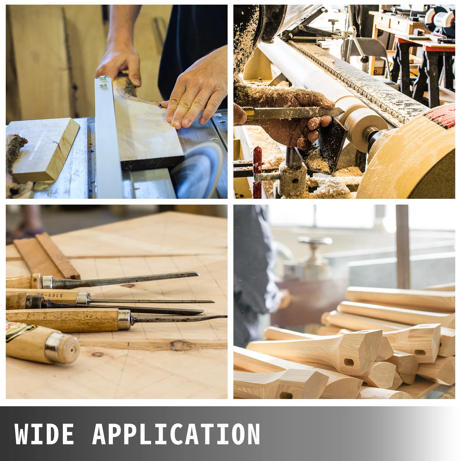 Giuntatrice da banco VEVOR in azione con vari utensili e applicazioni per la lavorazione del legno.