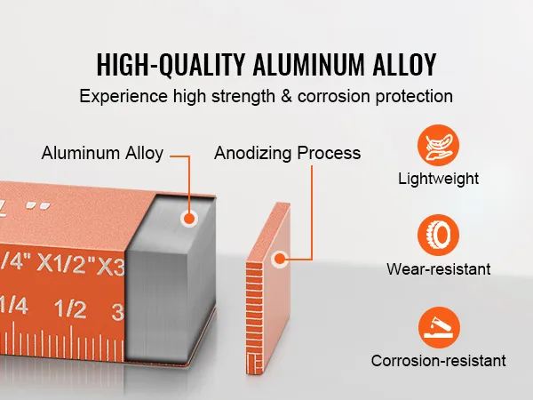 Regla de aleación de aluminio de alta calidad que muestra resistencia, protección contra la corrosión y los beneficios de las herramientas para trabajar la madera VEVOR.