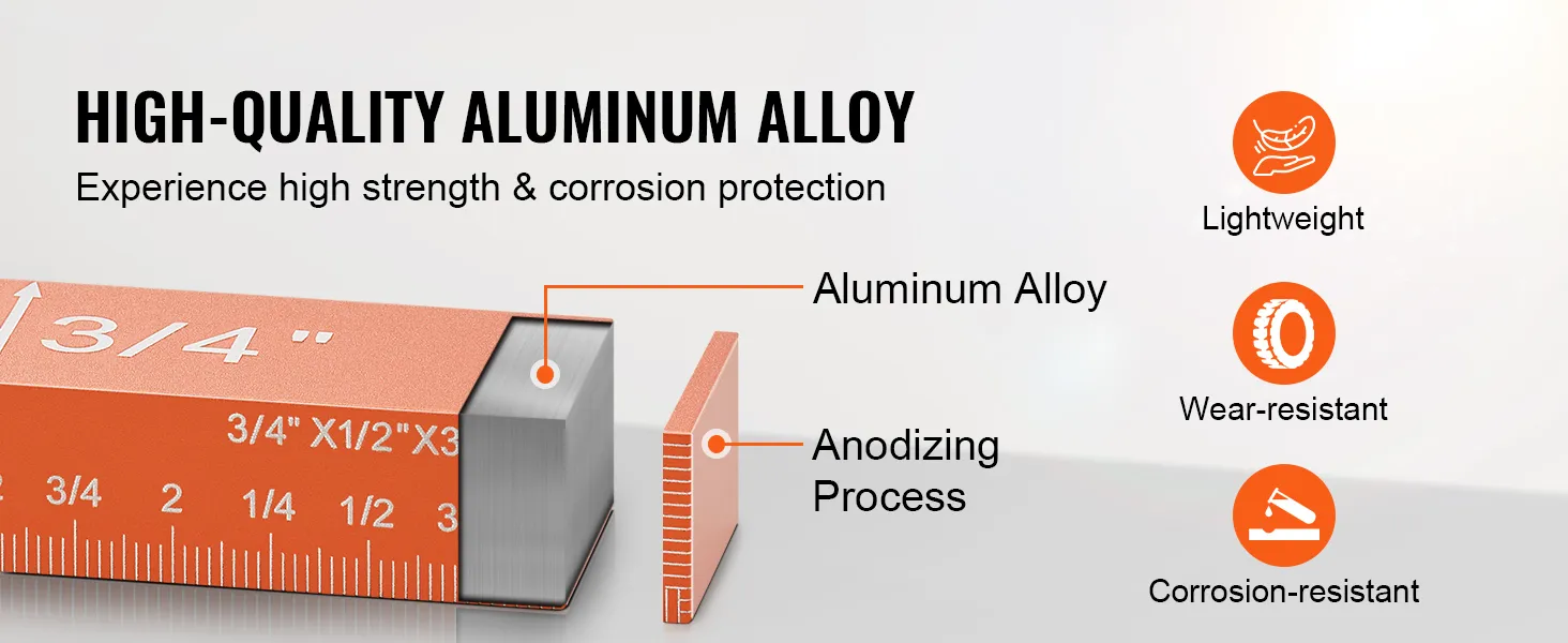 Regla de aleación de aluminio de alta calidad que muestra resistencia, protección contra la corrosión y los beneficios de las herramientas para trabajar la madera VEVOR.