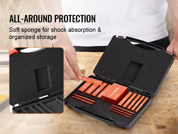 Configuración de carpintería con herramientas de carpintería VEVOR en un estuche protector con esponja suave para absorción de impactos.