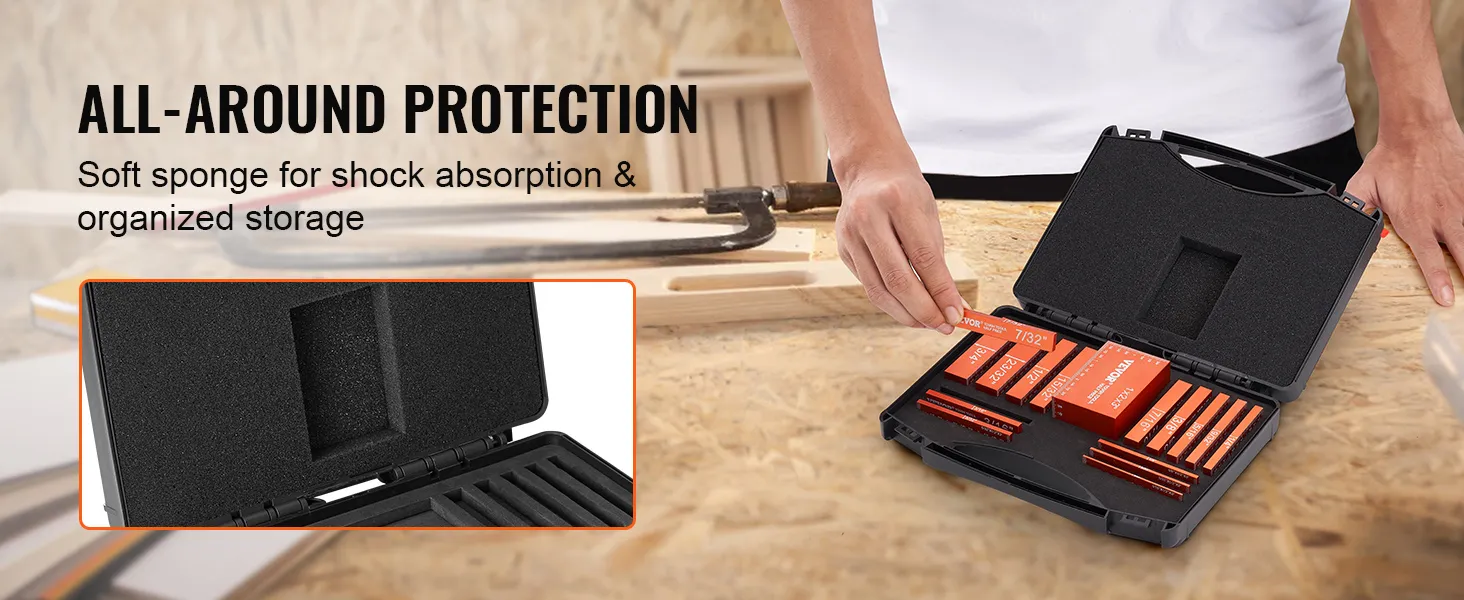 Configuración de carpintería con herramientas de carpintería VEVOR en un estuche protector con esponja suave para absorción de impactos.