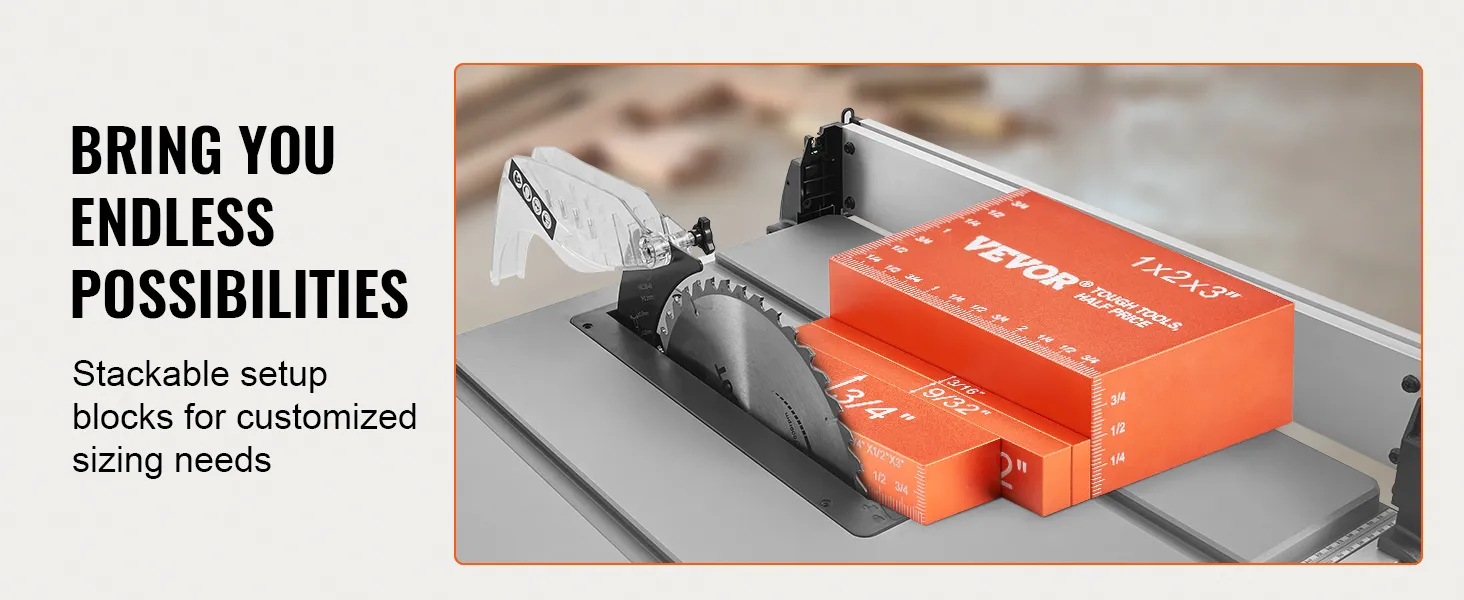 bloques apilables VEVOR junto a una sierra de mesa para necesidades de tamaño personalizado.