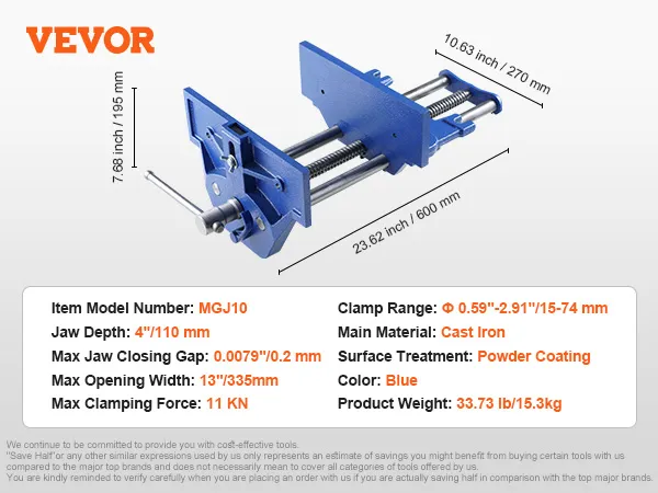 Imadło stolarskie VEVOR MGJ10 z żeliwa i niebieską powłoką proszkową, wymiary i specyfikacje podane z boku.