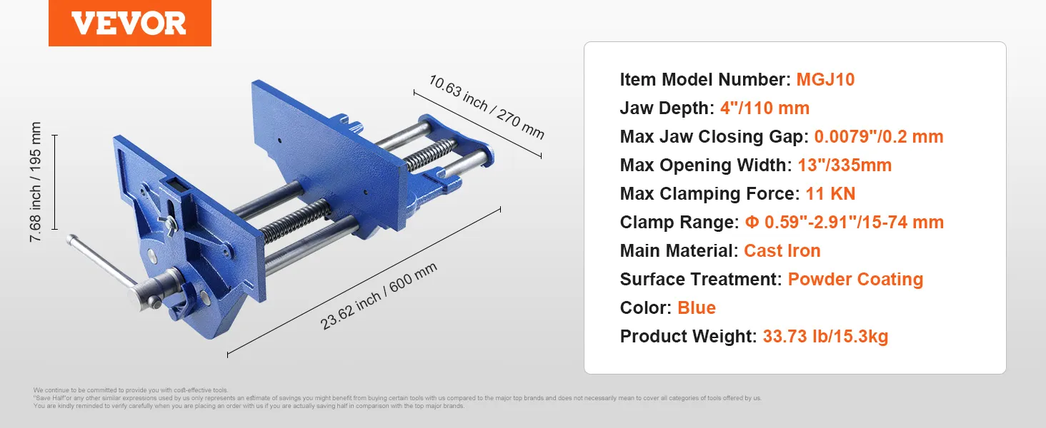Imadło stolarskie VEVOR MGJ10 z żeliwa i niebieską powłoką proszkową, wymiary i specyfikacje podane z boku.