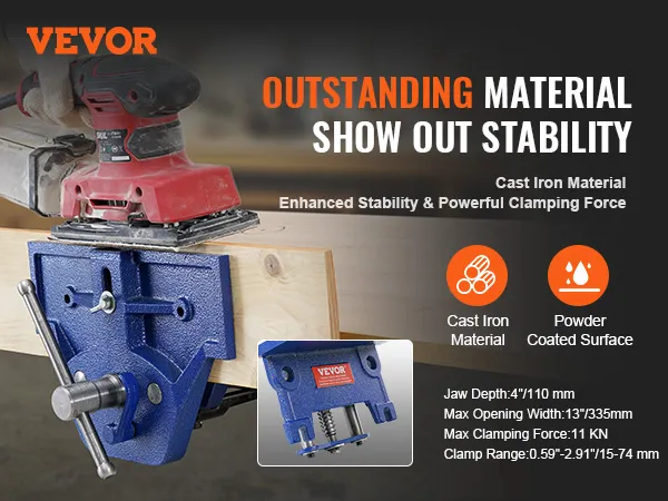 Imadło stolarskie VEVOR: żeliwne, o podwyższonej stabilności, dużej sile zacisku, dużej głębokości szczęk.