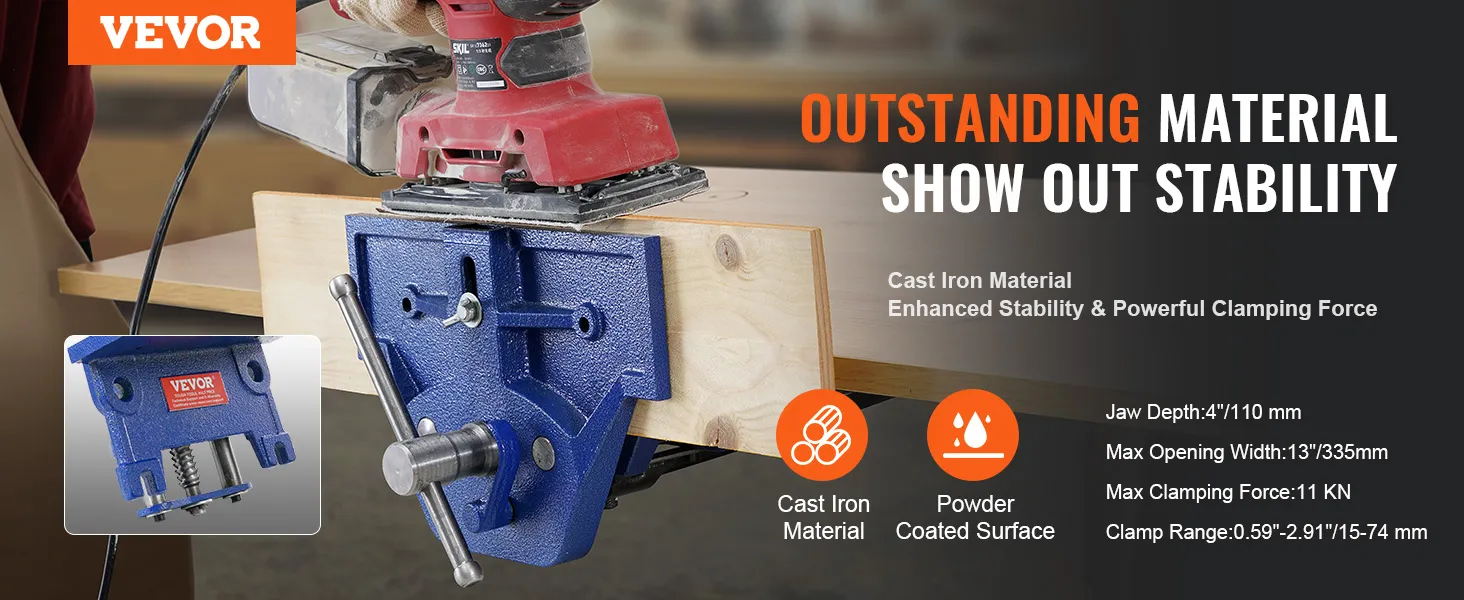 Imadło stolarskie VEVOR: żeliwne, o podwyższonej stabilności, dużej sile zacisku, dużej głębokości szczęk.