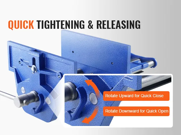 Imadło stolarskie VEVOR w kolorze niebieskim, przeznaczone do szybkiego dokręcania i zwalniania za pomocą obrotowej rączki.