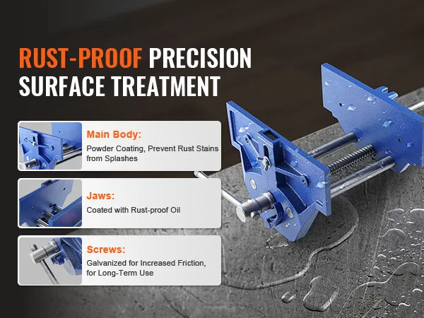 Imadło stolarskie VEVOR z powłoką odporną na rdzę, szczękami pokrytymi olejem i ocynkowanymi śrubami zapewniającymi trwałość.