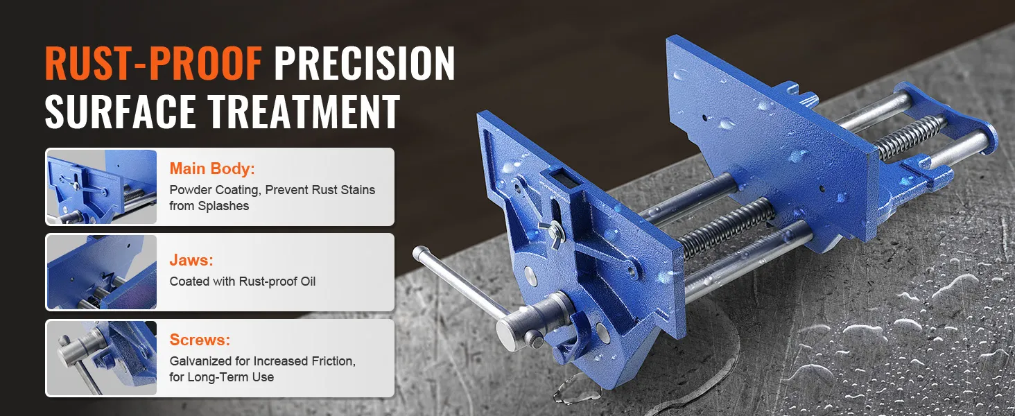 Imadło stolarskie VEVOR z powłoką odporną na rdzę, szczękami pokrytymi olejem i ocynkowanymi śrubami zapewniającymi trwałość.