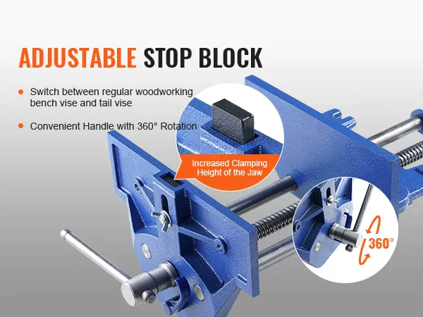 Imadło stolarskie VEVOR, regulowany blok zderzakowy, obrotowy uchwyt 360°, zwiększona wysokość zacisku.