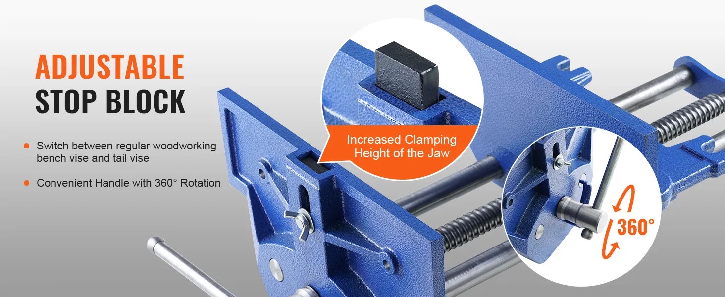 Imadło stolarskie VEVOR, regulowany blok zderzakowy, obrotowy uchwyt 360°, zwiększona wysokość zacisku.