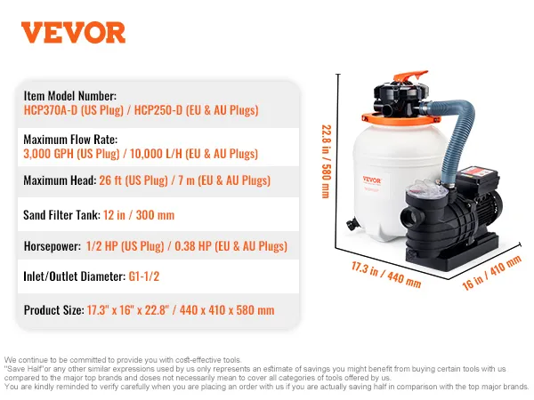 Specificaties van de VEVOR zandfilterpomp: 0,5 pk, 3000 gph flow, 370w, 17,3"x16"x22,8", 115v/60hz.