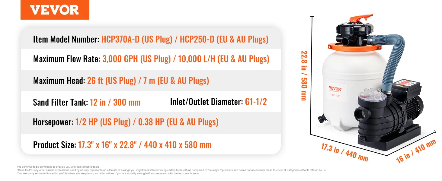 Specificaties van de VEVOR zandfilterpomp: 0,5 pk, 3000 gph flow, 370w, 17,3"x16"x22,8", 115v/60hz.