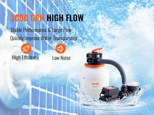 Bomba de filtro de arena VEVOR con 3000 gph, alto flujo, rendimiento estable, alta eficiencia, bajo nivel de ruido.