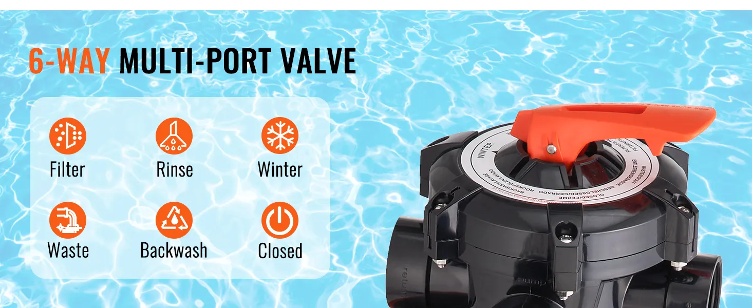 válvula multiport VEVOR de 6 posiciones con fondo de piscina azul.