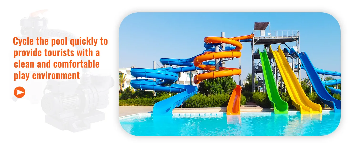 Área de piscina del parque acuático con toboganes coloridos y bomba de filtro de arena VEVOR que proporciona agua limpia a los turistas.