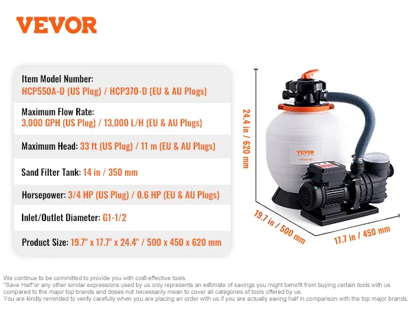 VEVOR zandfilterpomp, 0,75 pk, 3000 gph, 20,9 lbs, 19,7"x17,7"x24,4", 115v/60hz, g1-1/2 diameters.