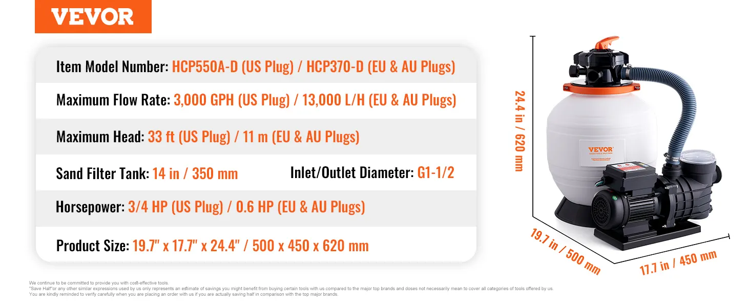 VEVOR zandfilterpomp, 0,75 pk, 3000 gph, 20,9 lbs, 19,7"x17,7"x24,4", 115v/60hz, g1-1/2 diameters.