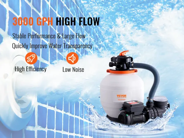 Bomba de filtro de arena VEVOR 3000 gph; rendimiento estable, gran caudal, alta eficiencia, bajo nivel de ruido.