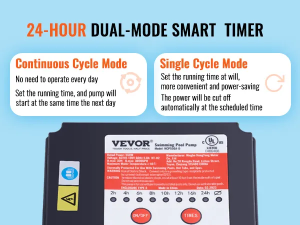 Bomba de filtro de arena VEVOR con temporizador inteligente de modo dual de 24 horas, que ofrece modos de ciclo único y continuo.