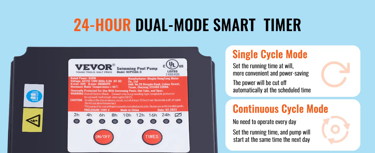 Bomba de filtro de arena VEVOR con temporizador inteligente de modo dual de 24 horas, que ofrece modos de ciclo único y continuo.