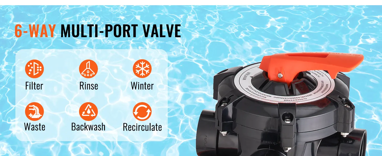 Bomba de filtro de arena VEVOR de 6 vías y múltiples puertos para filtrado, enjuague, invernaje, desechos, retrolavado y recirculación.