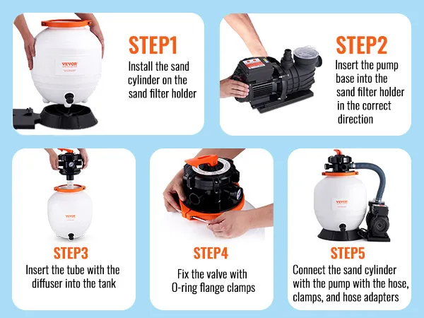 Guía paso a paso para montar la bomba de filtro de arena VEVOR, con la bomba y el filtro de arena.