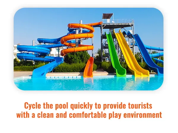 Toboganes de parque acuático con colores vibrantes y piscina limpia, resaltando los beneficios de la bomba de filtro de arena VEVOR.