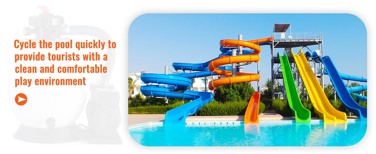 Toboganes de parque acuático con colores vibrantes y piscina limpia, resaltando los beneficios de la bomba de filtro de arena VEVOR.