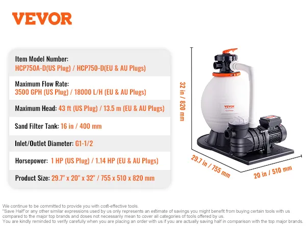 VEVOR zandfilterpomp met 1 pk, 3500 gph max. debiet, afmetingen 29,7" x 20" x 32".