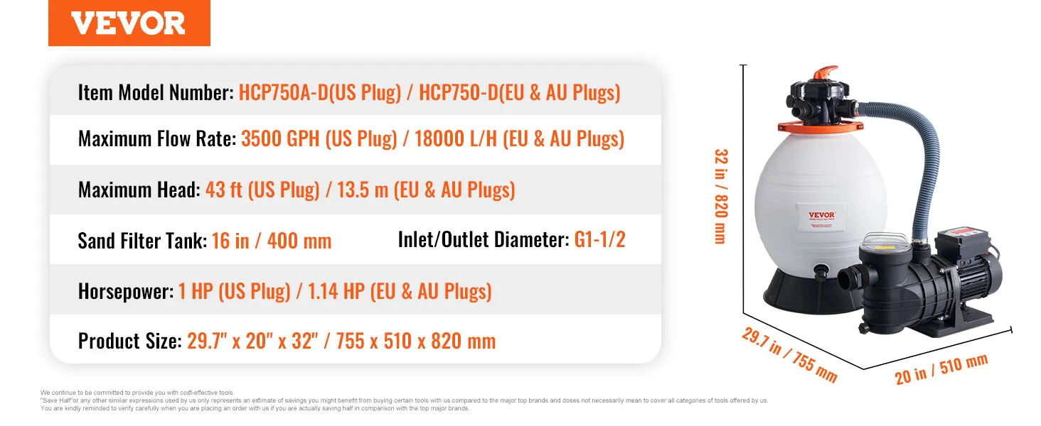 VEVOR zandfilterpomp met 1 pk, 3500 gph max. debiet, afmetingen 29,7" x 20" x 32".