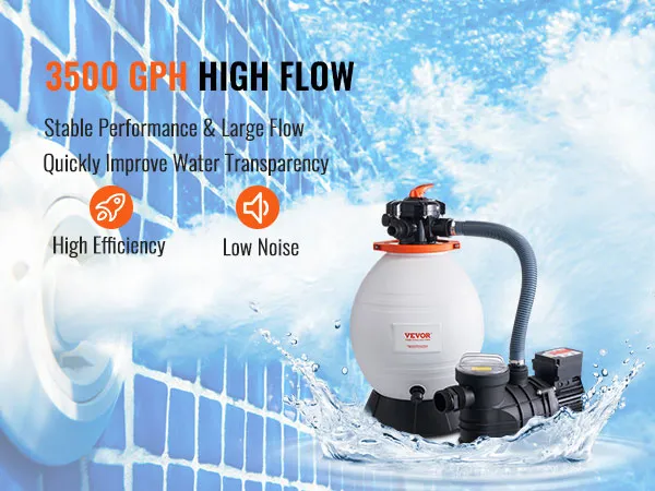 Bomba de filtro de arena VEVOR, alto caudal de 3500 gph, mejora la transparencia del agua con alta eficiencia y bajo nivel de ruido.