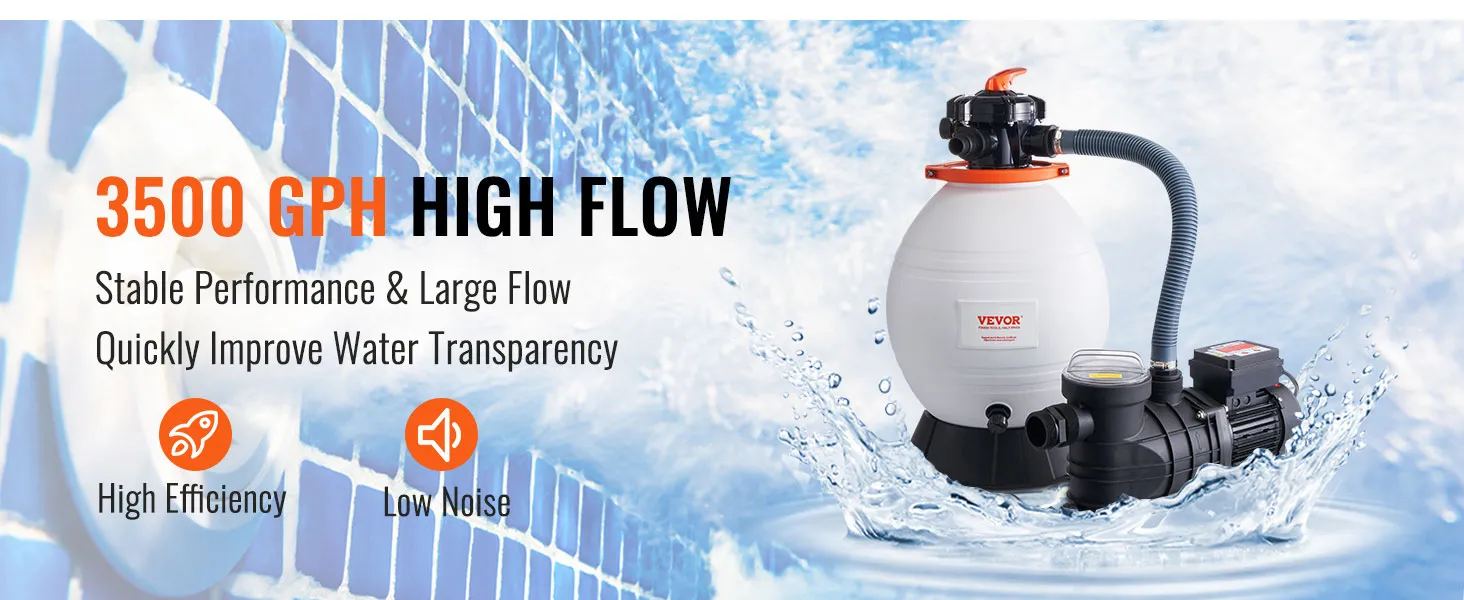 Bomba de filtro de arena VEVOR, alto caudal de 3500 gph, mejora la transparencia del agua con alta eficiencia y bajo nivel de ruido.