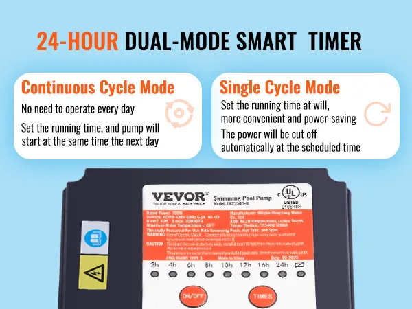 Bomba de filtro de arena VEVOR con temporizador inteligente de modo dual de 24 horas, con modos de ciclo único y continuo.