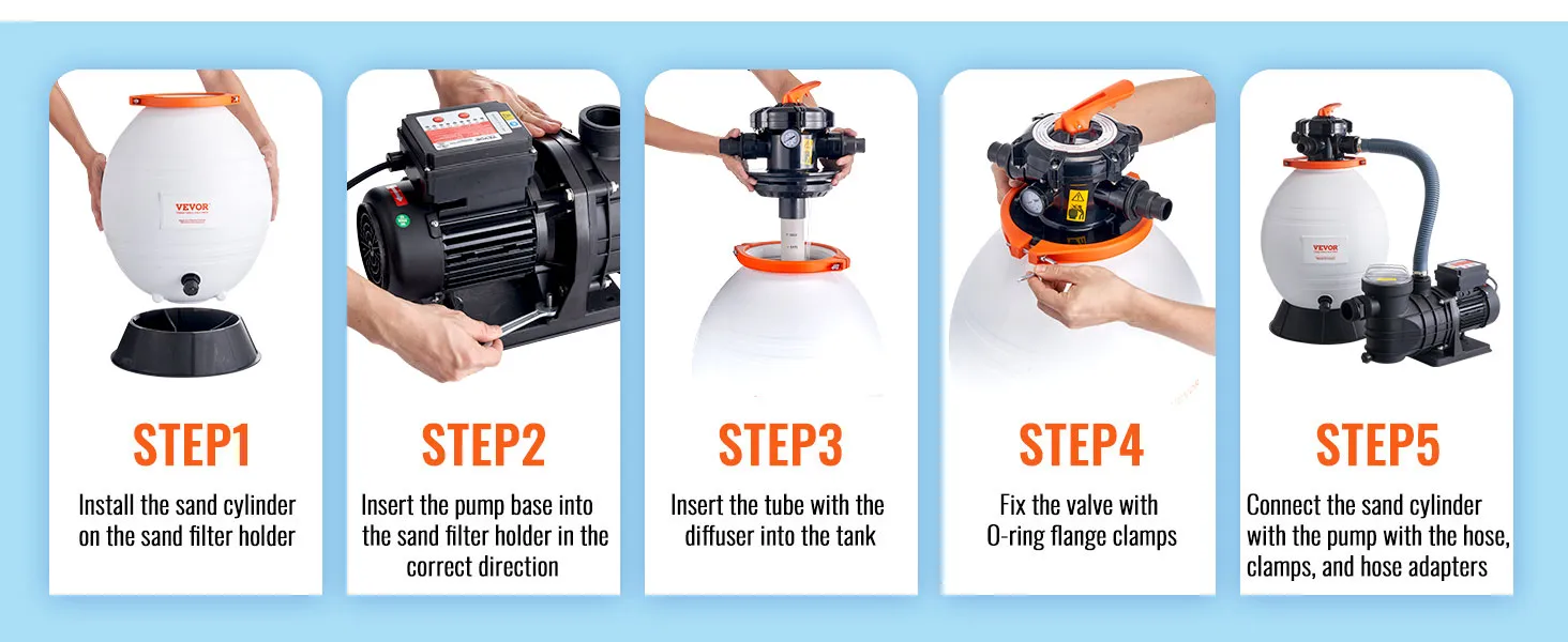 Pasos de montaje de la bomba de filtro de arena VEVOR con imágenes desde la instalación del cilindro de arena hasta la conexión de la bomba.