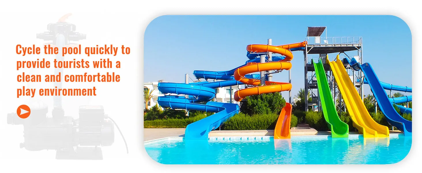 Toboganes de agua coloridos con una piscina transparente, resaltando la bomba de filtro de arena VEVOR para un área de juego limpia.