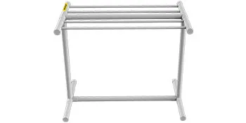 VEVOR pool towel rack with four horizontal bars, sleek silver finish, sturdy base, compact design.