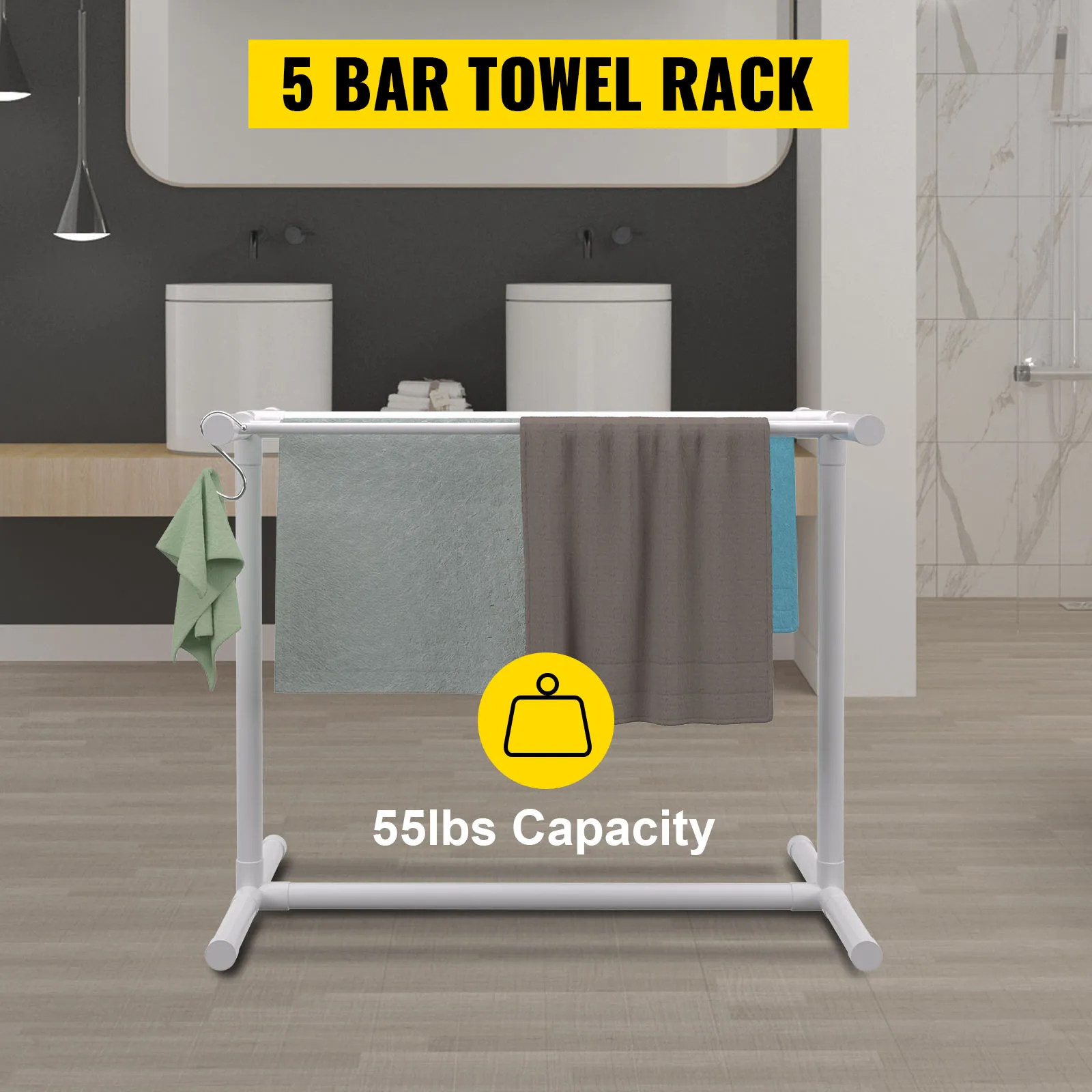 VEVOR pool towel rack with 5 bars, 55lbs capacity, in a modern bathroom setting.