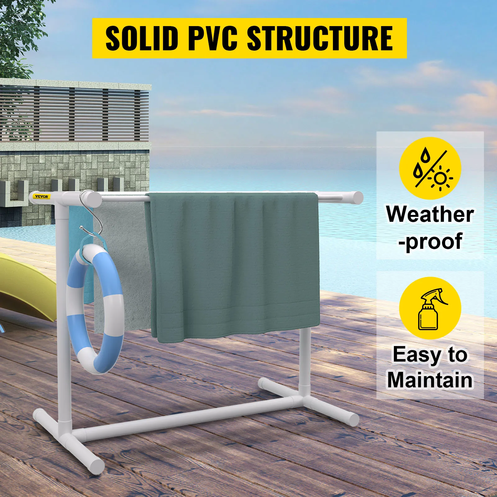 VEVOR pool towel rack with solid pvc structure; weatherproof and easy to maintain.