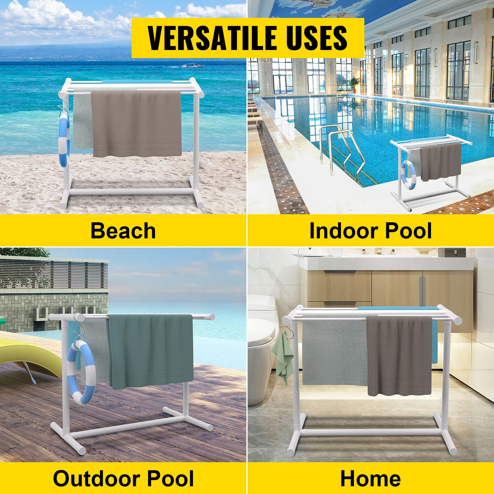 VEVOR pool towel rack for versatile use at the beach, indoor pool, outdoor pool, and home.