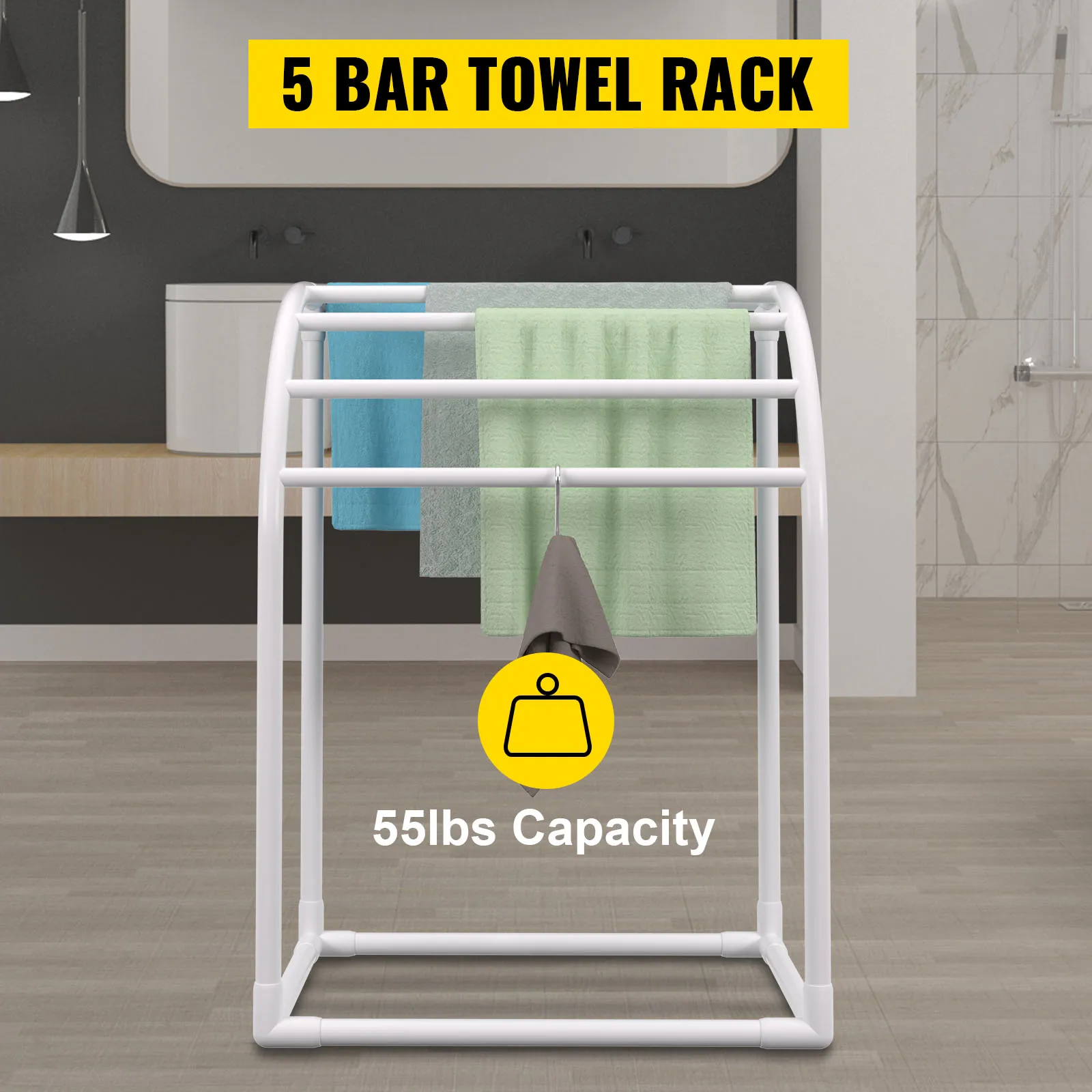 VEVOR pool towel rack with 5 bars in a modern bathroom, holding multiple towels, 55lbs capacity